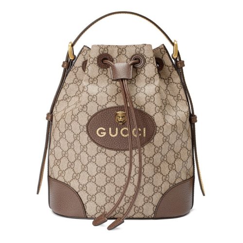 GUCCI/古馳 新款GGSupreme女士米色帆布抽繩水桶包 473875 K9RHT 8856