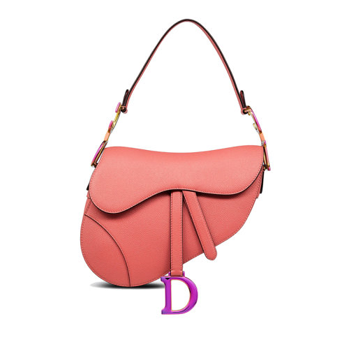 DIOR/迪奧 22新款 女士珊瑚粉粒面牛皮革金屬吊飾搭扣手提肩背馬鞍包M04464BDG_M76P