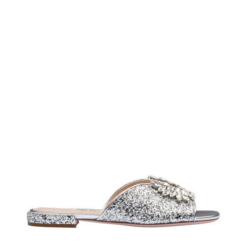 MiuMiu/繆繆 銀色 女士仿水晶裝飾通體亮片平底穆勒鞋 5XX416_3C8V_F0118_F_D01