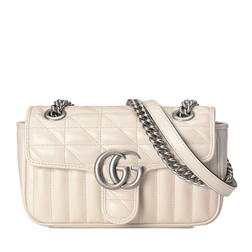 GUCCI/古馳  GG Marmont系列 女士迷你白色絎縫皮革復(fù)古銀飾雙G翻蓋斜挎單肩鏈條包446744UM8AN9022