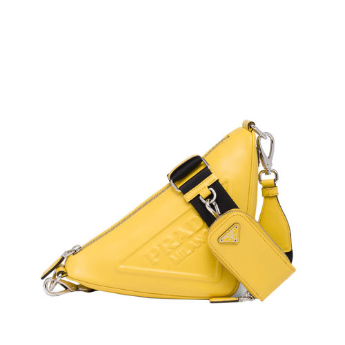 PRADA/普拉達 22年新款 女士日光黃皮革徽標拉鏈移動小袋可調節(jié)三角斜挎包1BH0_2BYA_F0377_V_BRO