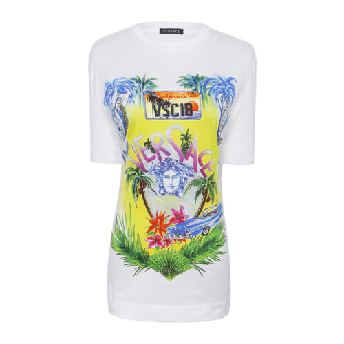 VERSACE/范思哲 女士白色棉質(zhì)經(jīng)典彩色字母徽標(biāo)美杜莎頭像裝飾圓領(lǐng)上衣短袖T恤 A79096-A224838-A7017