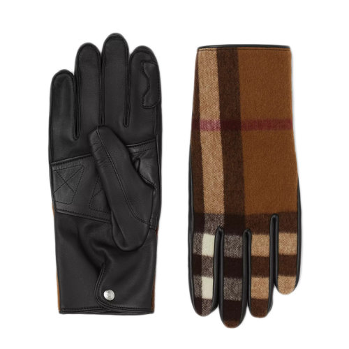 BURBERRY/博柏利 秀款 男士羊絨內(nèi)襯樺木棕格紋羊毛拼羔羊皮手套80362371