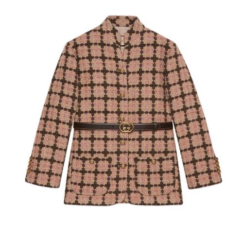  GUCCI古馳 22年秋冬 女士 飾腰帶金銀絲線格紋花呢夾克 664243 Z8AQ3 5307