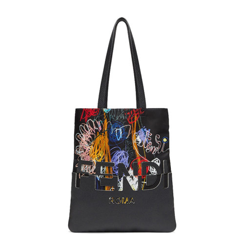 FENDI/芬迪 20  SHOPPING PLAT系列 男士彩色圖案印花尼龍黑色小牛皮提手手提包7VA538AH8TF09CX