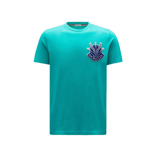 Moncler/蒙克萊 22年秋冬新款 男士藍綠色純棉刺繡徽標貼片短袖T恤H20918C000198390T81R