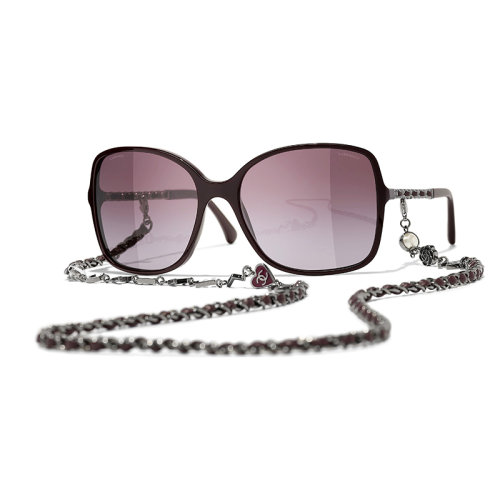 Chanel/香奈兒 22年春夏新款 女士漸變紫色鏡片酒紅色/深銀色醋酯纖維鏡框飾金屬和小牛皮鏈條方框太陽(yáng)眼鏡墨鏡A40911X06074S4611