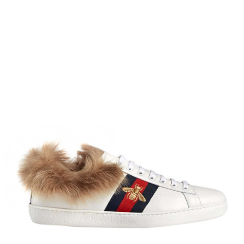 GUCCI/古馳 古琦男鞋 男士絨球小蜜蜂刺繡經(jīng)典時(shí)尚白色低幫系帶休閑運(yùn)動(dòng)鞋 496093 0F150 9096