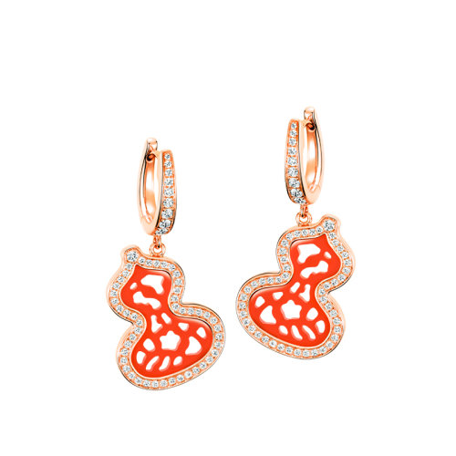 QEELIN/麒麟珠寶 WULU系列 18K金玫瑰金鑲嵌鉆石紅瑪瑙葫蘆形狀耳墜耳環(huán)WU-028-ERL-RGDRA