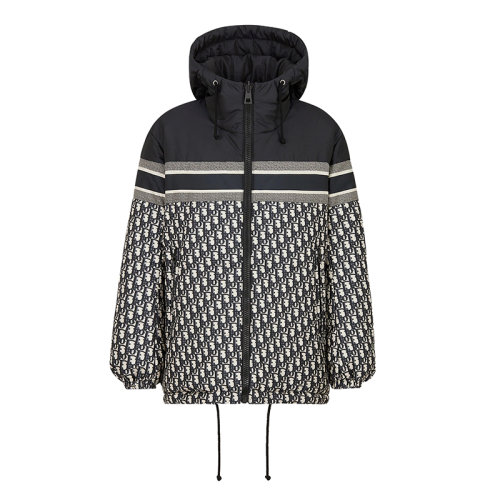 DIOR/迪奧      女士藍(lán)色和米白色絎縫塔夫綢科技面料老花印花雙面長款羽絨服147C23A2968_X5803