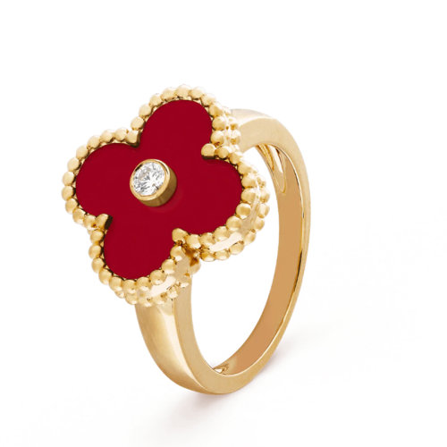 Van Cleef & Arpels/梵克雅寶 經(jīng)典Vintage Alhambra系列 18K金黃金鑲嵌紅玉髓和鉆石幸運(yùn)四葉草戒指VCARD40800