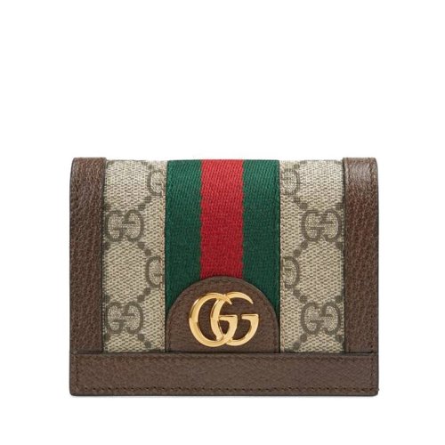 GUCCI/古馳 Ophidia女士棕色皮革拼帆布雙G對折卡包 523155 96IWG 8745