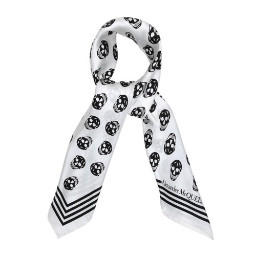 Alexander McQueen/亞歷山大麥昆 女士白色蠶絲骷髏頭印花圖案絲巾圍巾披肩590929-3001Q-9260