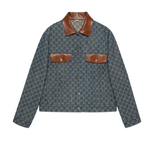  GUCCI古馳 22年秋冬 女士 皮革滾邊GG牛仔夾克 671776 XDBS8 4384