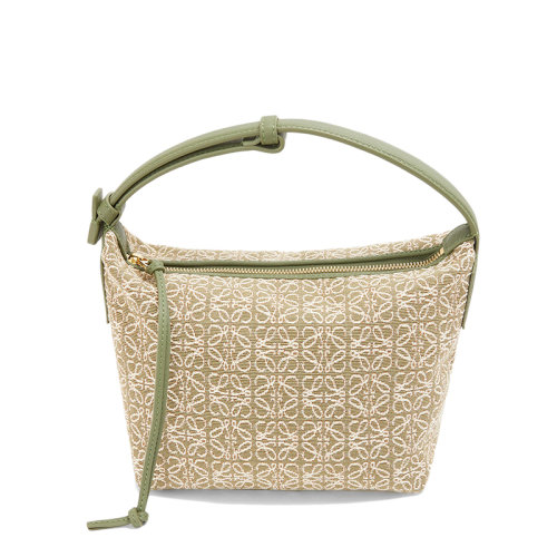 LOEWE/羅意威 22春夏新款Cubi系列 女士小號鱷梨綠色拼色徽標(biāo)提花織物配皮手提包0010651412