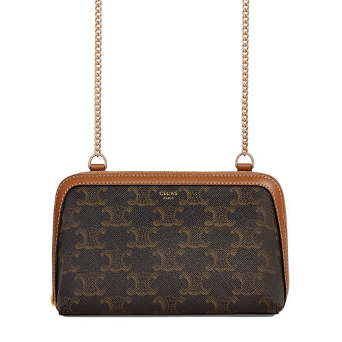 CELINE/賽琳 21早春新款 女士凱旋帆布棕褐色小羊皮飾邊單肩斜挎手拿包10E382CBX.04LU