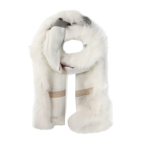 BURBERRY/博柏利 女士象牙白色羊絨混紡方格圖案狐貍皮草圍巾圍脖 3895158