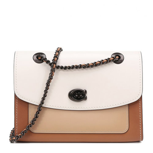 COACH/蔻馳 女士粉筆白色多色皮革C字旋扣翻蓋斜挎包鏈條包單肩包女包 26851V5CAH