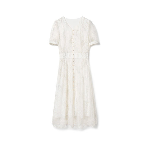 GeleiStory/GeleiStory  春夏新款法式氣質(zhì)顯瘦V領(lǐng)收腰金銀絲蕾絲網(wǎng)紗花型長連衣裙  女裝＞女士裙裝＞女士連衣裙