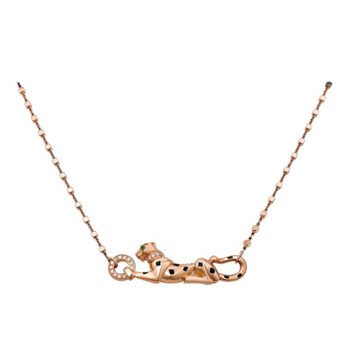 CARTIER/卡地亞 PANTHèRE系列 玫瑰金黑漆鑲嵌石榴石鉆石小獵豹吊墜項鏈B7224539