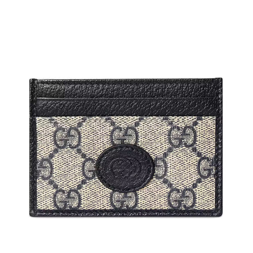 GUCCI/古馳 22春夏新款 男士米色/藍(lán)色老花帆布橢圓雙G貼標(biāo)薄款卡夾 673002K9GSN4075