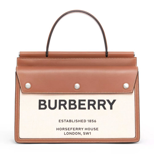 BURBERRY/博柏利 女士棕色小牛皮經(jīng)典字母徽標(biāo)印花鉚釘開(kāi)合時(shí)裝秀款泰爾特手袋手提包女包 8014637
