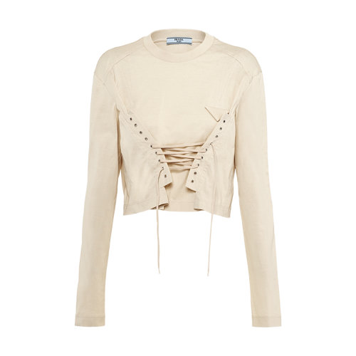 PRADA/普拉達(dá) 22年早春新款 女士沙漠米色棉質(zhì)平紋針織束帶上衣T恤34632C_ILK_F0F24_S_221