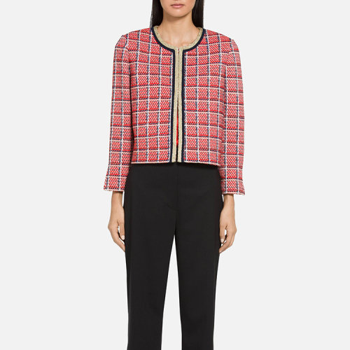 St.John/盛薔紅色金屬格子針織圓領(lǐng)短款開衫女士夾克外套K61Y0L2