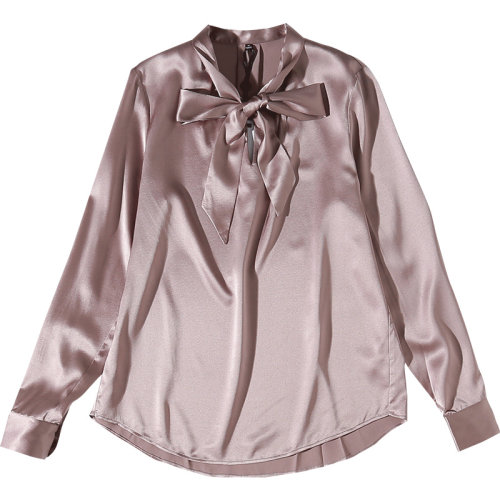GeleiStory/GeleiStory 秋季女裝蝴蝶結(jié)系帶襯衫真絲彈力緞香芋色套頭襯衣氣質(zhì)上衣  女裝＞女士襯衫＞女士長袖襯衫