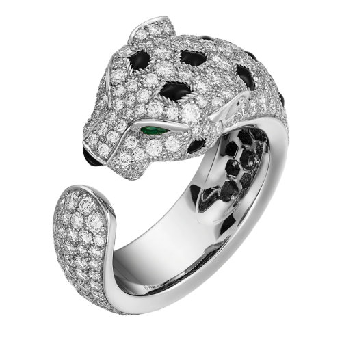 CARTIER/卡地亞 Panthère 系列 18K金白金鉆石祖母綠瑪瑙戒指 鑲嵌2顆祖母綠和242顆明亮式切割鉆石N4767800