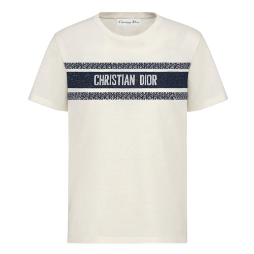 DIOR/迪奧 Dioriviera系列 女士白色和海軍藍(lán)色棉質(zhì)針織CHRISTIAN DIOR字樣T恤143T04A4043_X0200