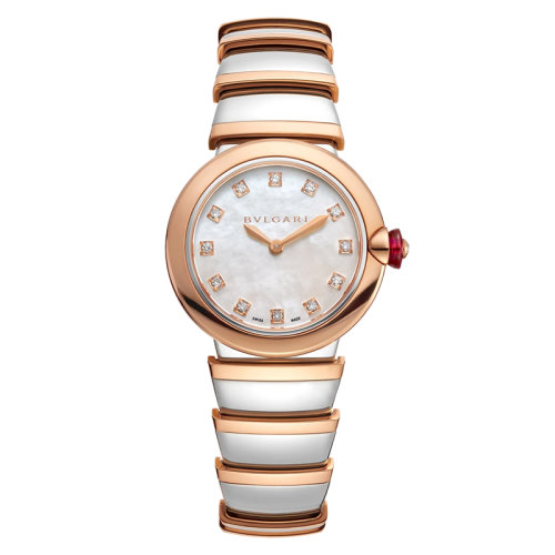 BVLGARI/寶格麗 18 K金玫瑰金和精鋼表殼和表鏈 白色珍珠母貝表盤和鑲有鉆石的時標(biāo) LVCEA石英手表 28毫米102194