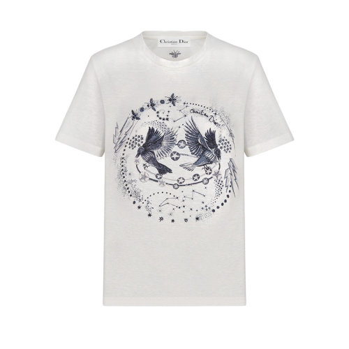 DIOR/迪奧 22年秋冬新款 女士白色棉質(zhì)和亞麻混紡搭配黑色雙子座圖案短袖T恤243T09GE459_X0859