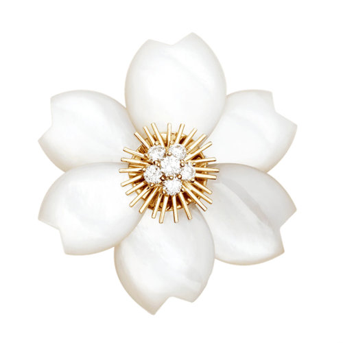Van Cleef & Arpels/梵克雅寶 經(jīng)典Rose de No?l系列 18k金玫瑰金白色珍珠母貝鑲嵌鉆石玫瑰中號(hào)胸針VCARA53400