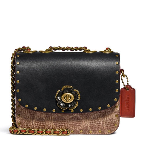 COACH/蔻馳 Madison系列女士拼色涂層帆布/配皮經(jīng)典雙C字母徽標印花山茶花旋扣開合鉚釘裝飾單肩包斜挎包鏈條包女包 C2462B4NQ4