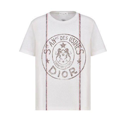 DIOR/迪奧 22年春夏新款 女士米白色棉質(zhì)和亞麻混紡Union圖案短袖T恤243T09A4426_X0200