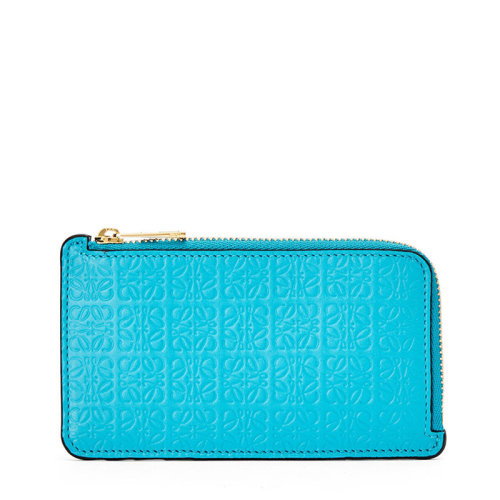 LOEWE/羅意威 20  女士青色徽標(biāo)壓花真絲小牛皮拉鏈卡包0010623569