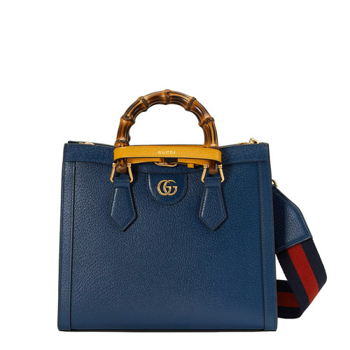 GUCCI/古馳 22春夏新款Diana系列 女士小號(hào)藍(lán)色皮革竹節(jié)手柄橙黃色飾帶金扣手提單肩托特包702721U3ZDT4862