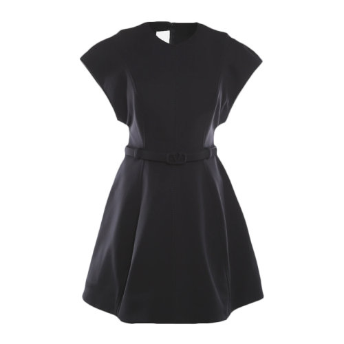 Valentino/華倫天奴 女士黑色聚酰胺V字徽標(biāo)腰帶背面拉鏈開合圓領(lǐng)短袖A字連衣裙女裙 WB3VAW45-6FH-0NO