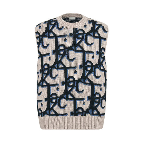 DIOR/迪奧 22年秋冬新款 CACTUS JACK DIOR系列 男士米色/黑色山羊絨飾Oblique印花羅紋領(lǐng)口無(wú)袖針織衫283M654AT357_C185