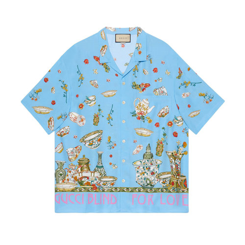 GUCCI/古馳 22年秋冬新款 Lovelight系列 男士藍(lán)色粘膠纖維面料茶具印花短袖保齡球衫襯衫708376ZAKFE4020