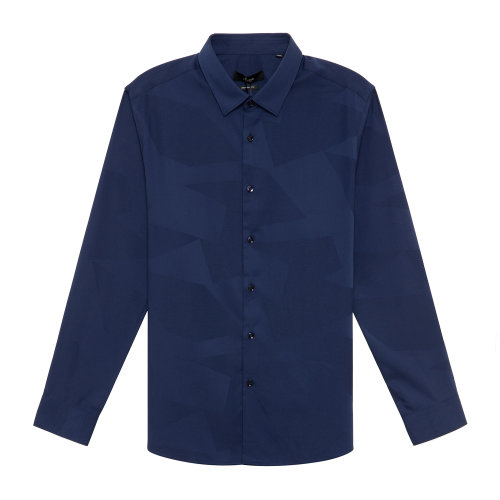 DIDIBOY/迪迪博邇男士長袖襯衫20秋冬新品休閑襯衫幾何圖案印花精致休閑百搭免洗襯衫上裝深藍(lán)