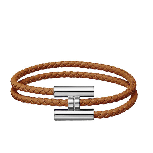 HERMES/愛馬仕 經(jīng)典款Tournis系列 金色小牛皮編織飾H銀扣手鏈H068406FP37