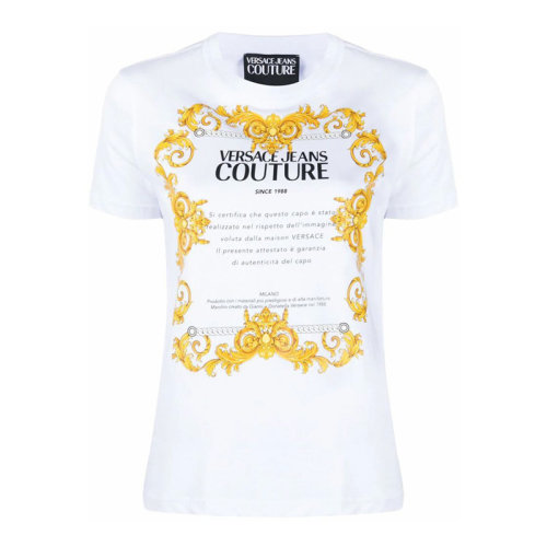 VERSACE JEANS/范思哲牛仔 女士純色棉質(zhì)經(jīng)典金色字母徽標(biāo)印花裝飾圓領(lǐng)短袖上衣T恤 B2HZA7TG-30319 多色可選