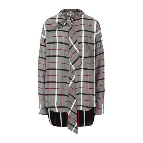 Balenciaga/巴黎世家 20春夏 女裝 服飾 灰色棉質(zhì)長飄帶時(shí)尚格紋女士長袖襯衣襯衫
