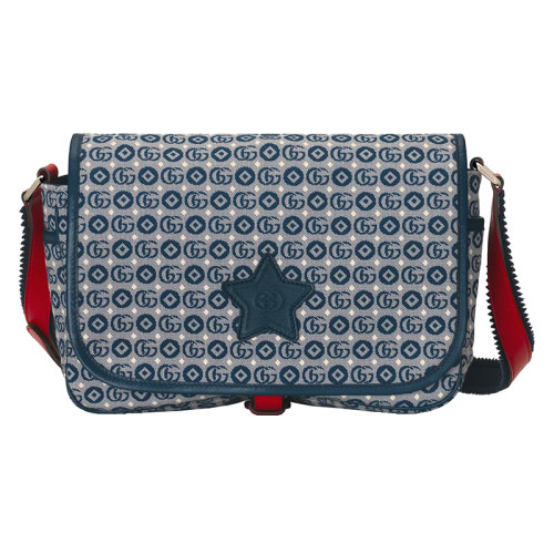 GUCCI/古馳 22新款Gucci Love Parade系列 女士藍(lán)白色棉質(zhì)面料雙G圖案飾星星細(xì)節(jié)搭織帶條紋表帶兒童單肩包664143U4GDN4090