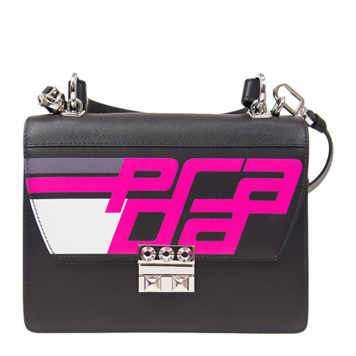 PRADA/普拉達(dá)手袋 女士黑色牛皮徽標(biāo)貼飾單肩包斜挎包女包 1BA203 5OMA F0D2P