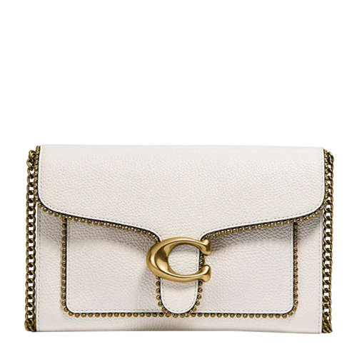 COACH/蔻馳 Tabby系列女士白色拋光卵石皮革經(jīng)典C字母金屬徽標(biāo)珠鏈飾邊單肩包斜挎包鏈條包女包 7110B4HA