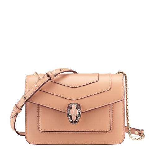 BVLGARI/寶格麗 女士焦糖黃玉米色小牛皮蛇頭扣裝飾翻蓋單肩包斜挎包鏈條包女包 290929