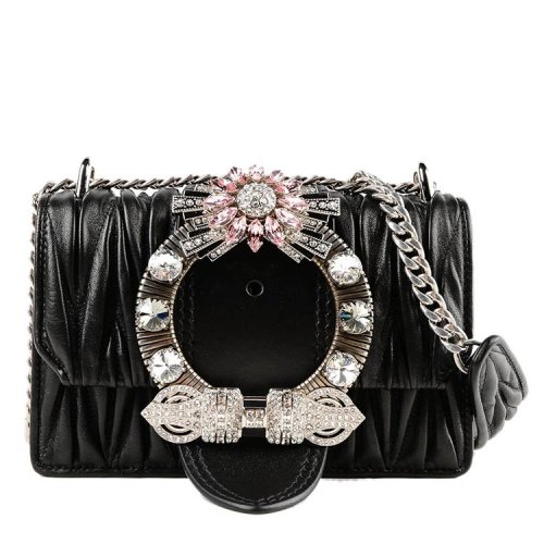 Miu Miu/繆繆 18年秋冬 鏈條 褶皺 女包  女性 黑色 斜挎包 5BD084N882 NERO